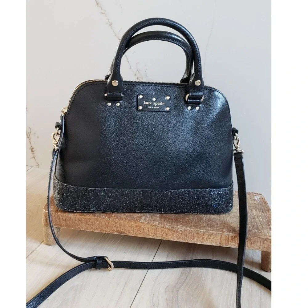 Kate Spade Satchel Bag Womens Medium Black Leather Glitter Trim Dome Handbag‎